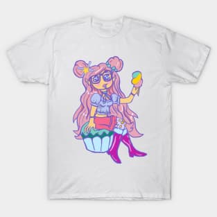 Kawaii Chibi Pastel Girl Sitting On Cupcake Eating Ice Cream T-Shirt